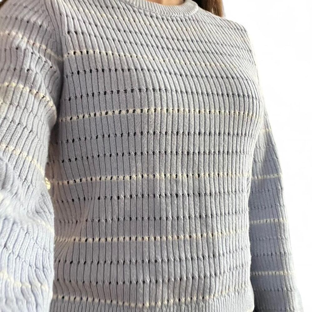 Baby Blue White Knit Cotton Blend Striped Sweater Nautical Preppy Cute Sz Small